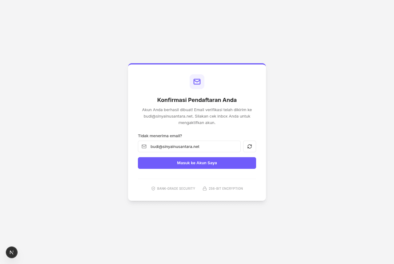 Halaman konfirmasi pendaftaran — cek email untuk verifikasi