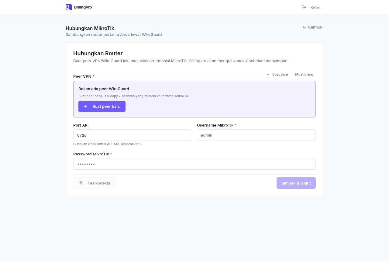 Langkah Hubungkan MikroTik — belum ada peer, klik Buat peer baru