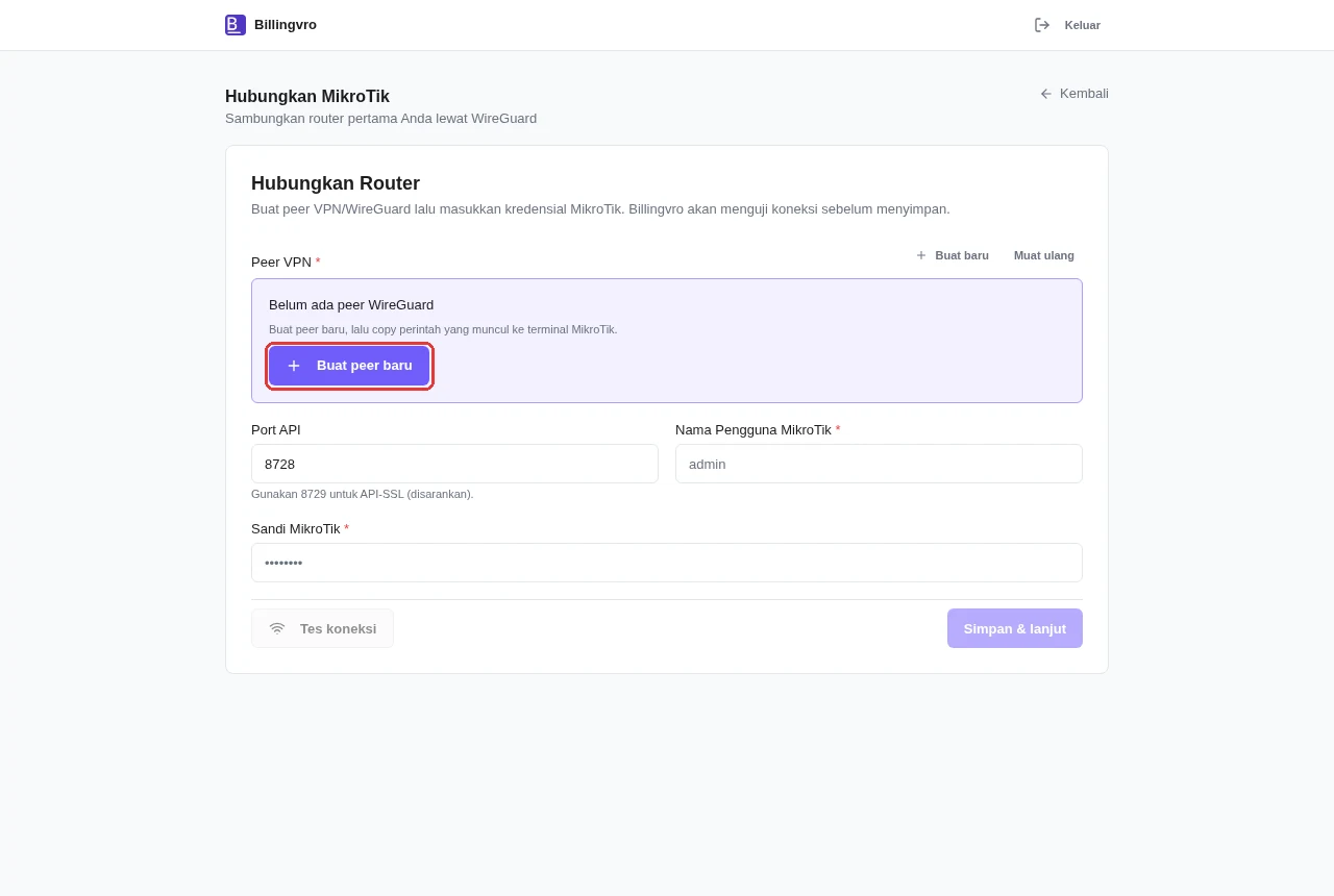 Langkah Hubungkan MikroTik — belum ada peer, klik Buat peer baru