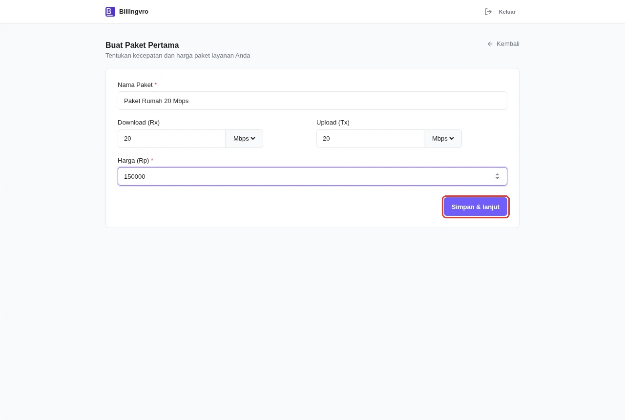 Buat paket pertama — nama, kecepatan, dan harga