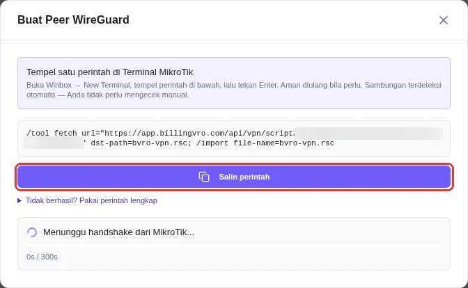 Pop-up Buat Peer WireGuard berisi satu baris perintah dan tombol Salin perintah yang ditandai kotak merah