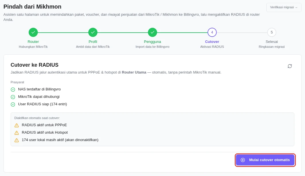 Langkah Cutover ke RADIUS — daftar syarat dan tombol Mulai cutover otomatis