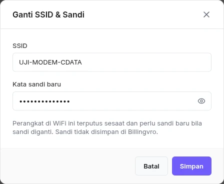 Jendela Ganti SSID & Sandi dengan kolom SSID dan Kata sandi baru