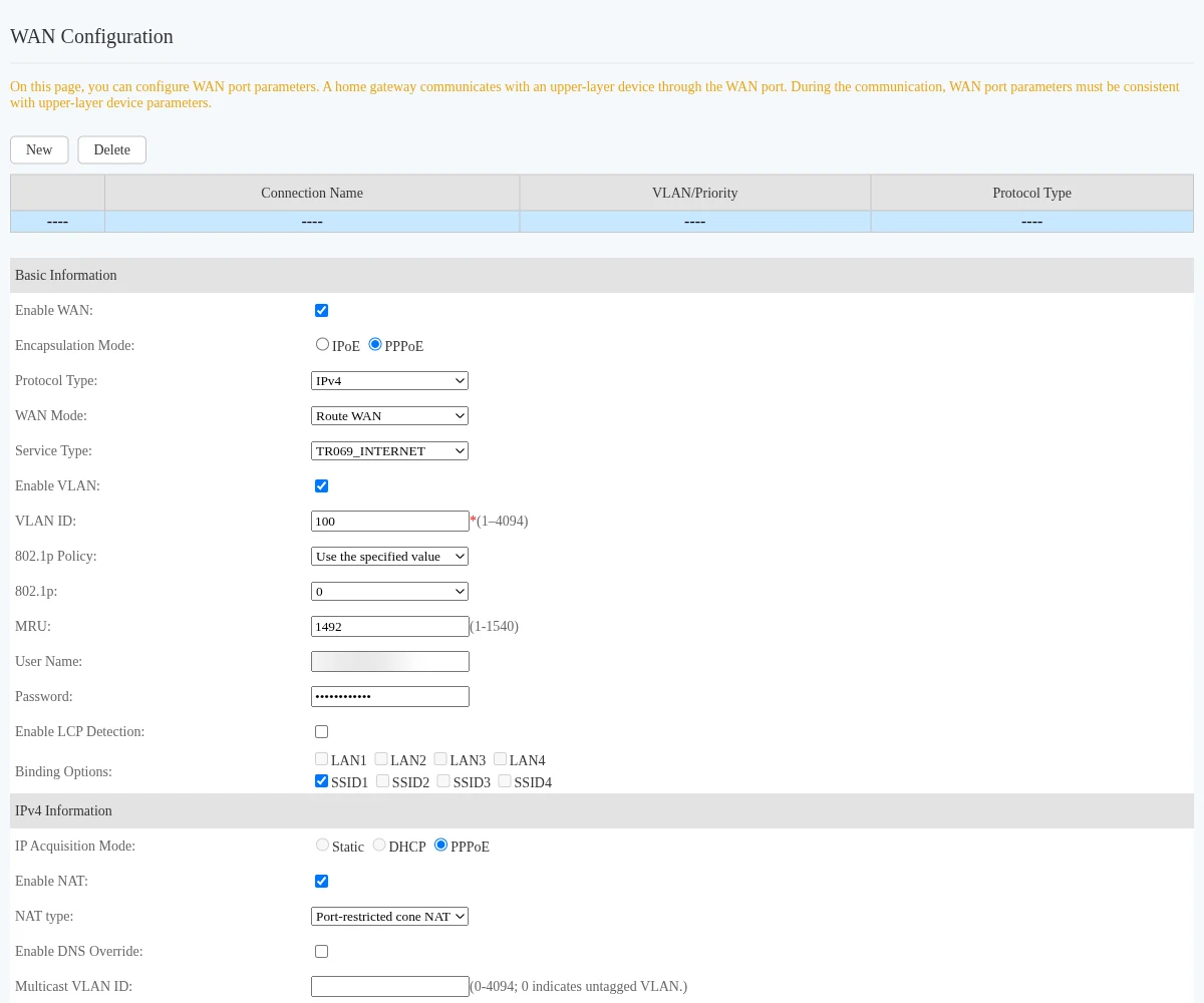Form WAN Huawei HG8546M dengan Service Type TR069_INTERNET dan VLAN 100