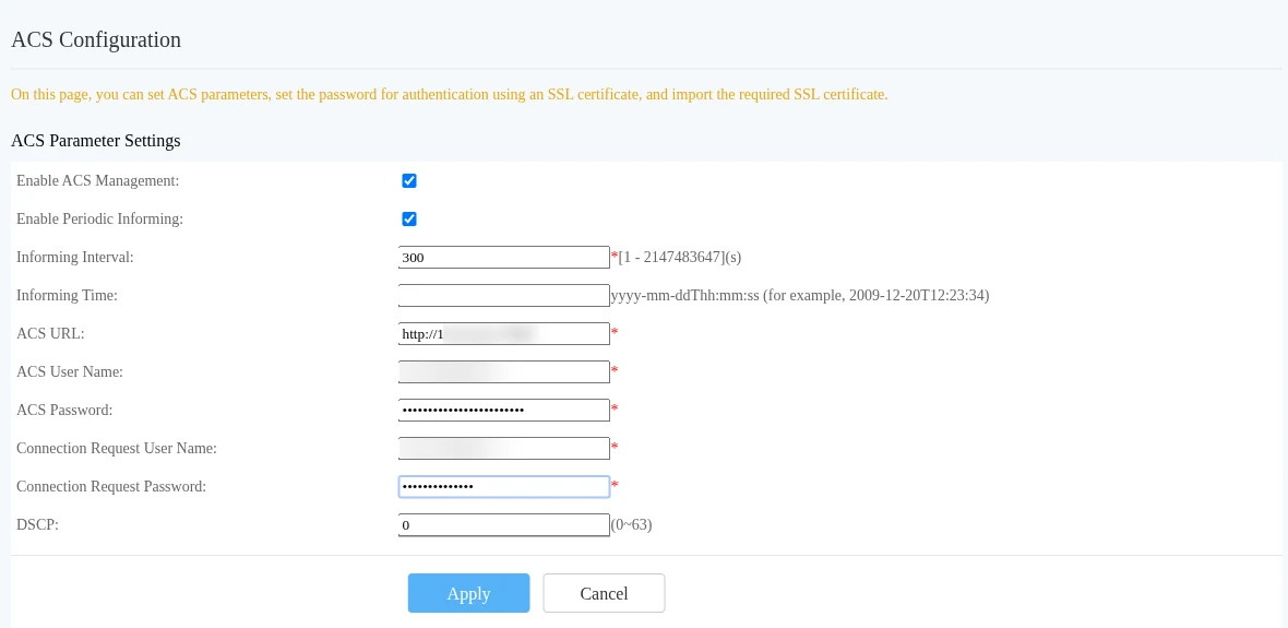 Halaman ACS Configuration Huawei HG8546M dengan ACS URL, User Name, Password, dan Connection Request terisi