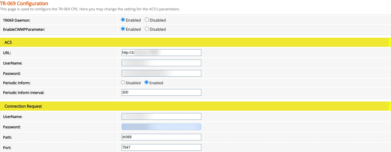 Halaman TR-069 Configuration Zimmlink ZL-2113X dengan ACS URL, UserName, Password, dan Connection Request terisi