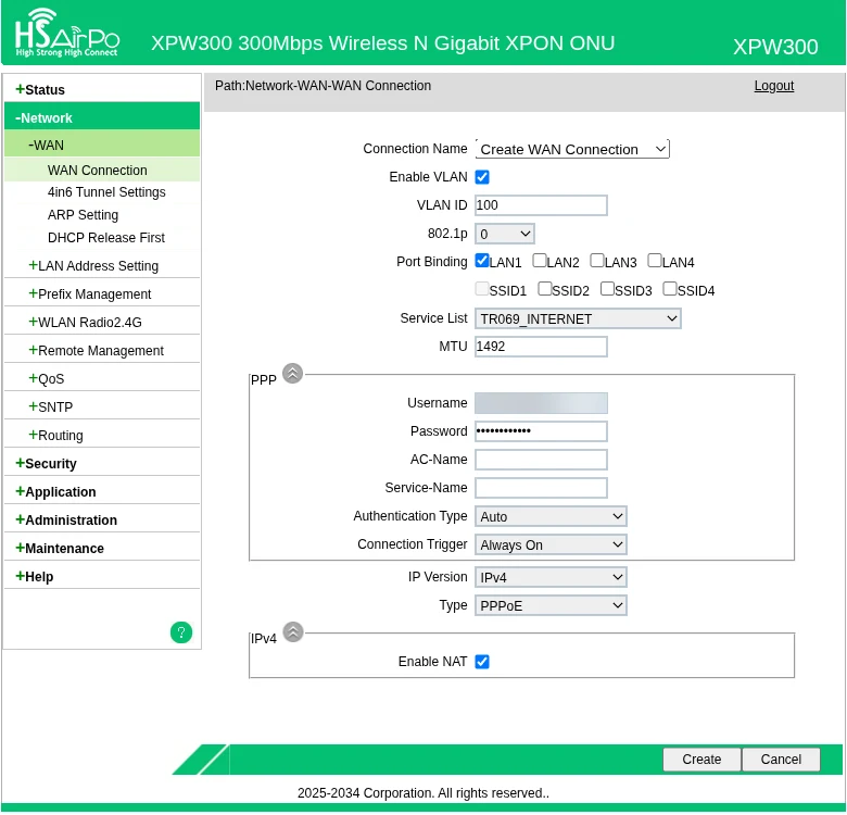 Form WAN hsairpo XPW300 dengan Service List TR069_INTERNET, VLAN 100, dan Port Binding LAN1