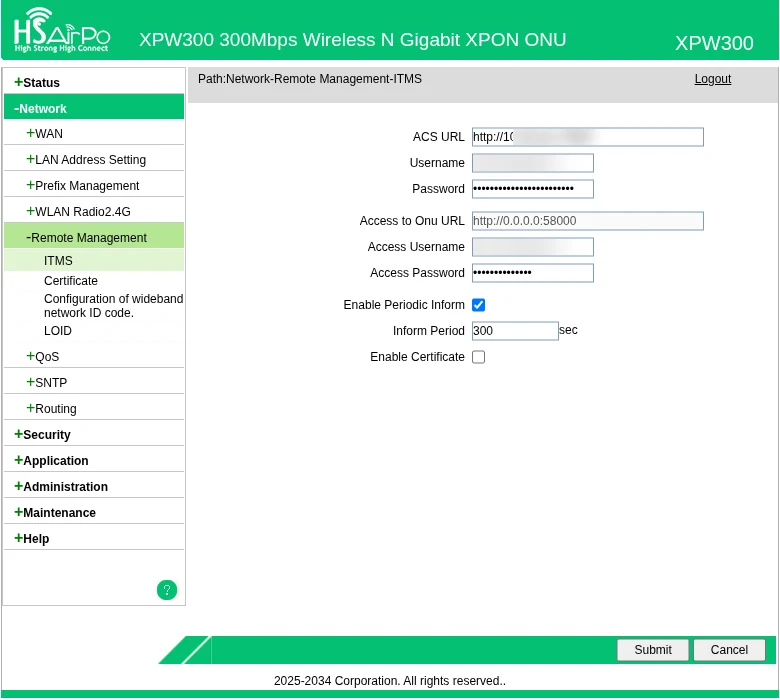 Halaman ITMS hsairpo XPW300 dengan ACS URL, Username, dan Password terisi