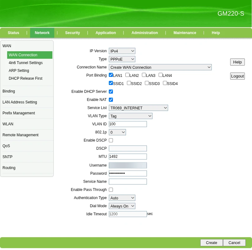 Form WAN China Mobile GM220-S dengan Service List TR069_INTERNET, VLAN Type Tag, VLAN ID 100, dan binding LAN1 serta SSID1