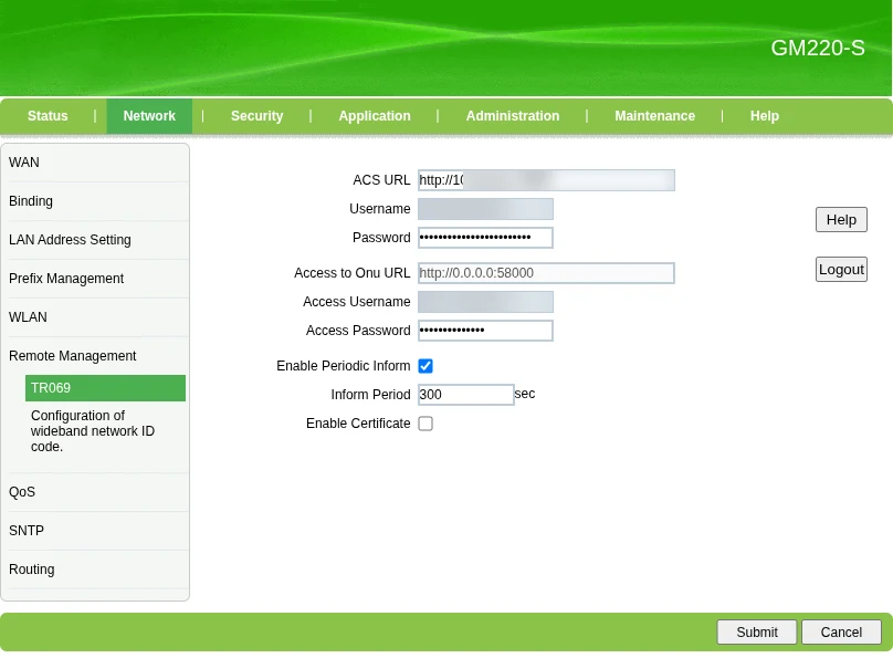Halaman TR069 China Mobile GM220-S dengan ACS URL, Username, dan Password terisi