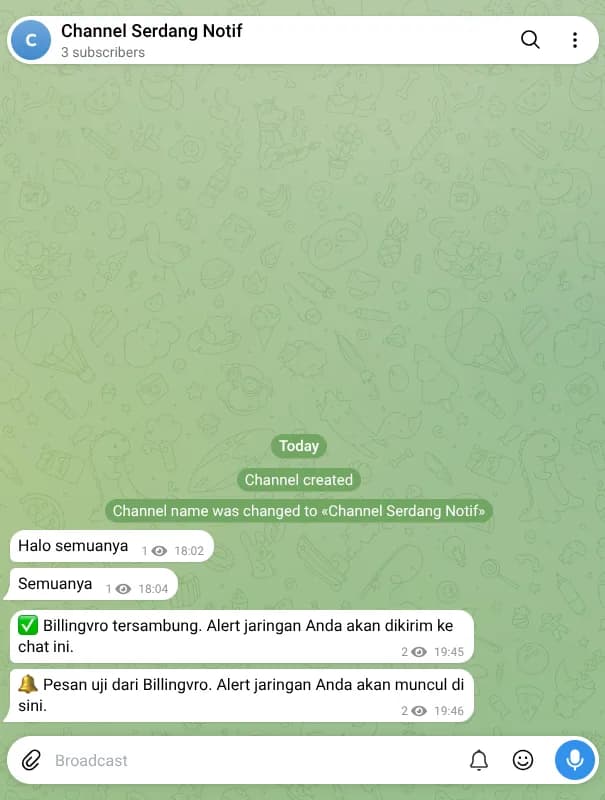 Channel Telegram menerima pesan Billingvro tersambung dan pesan uji