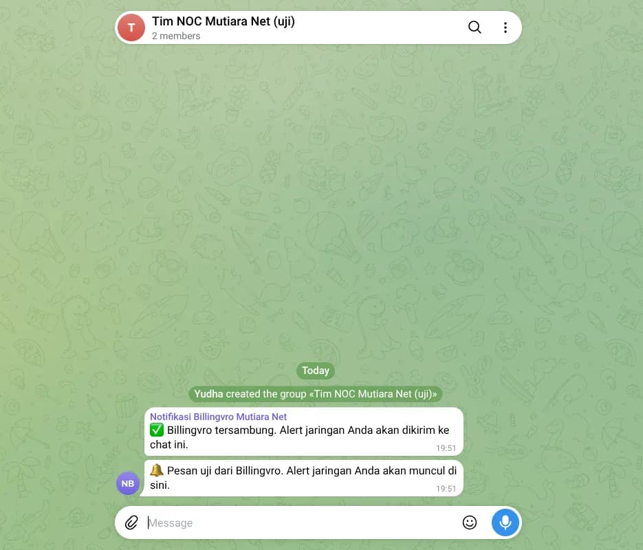 Grup Telegram menerima pesan dari bot Billingvro