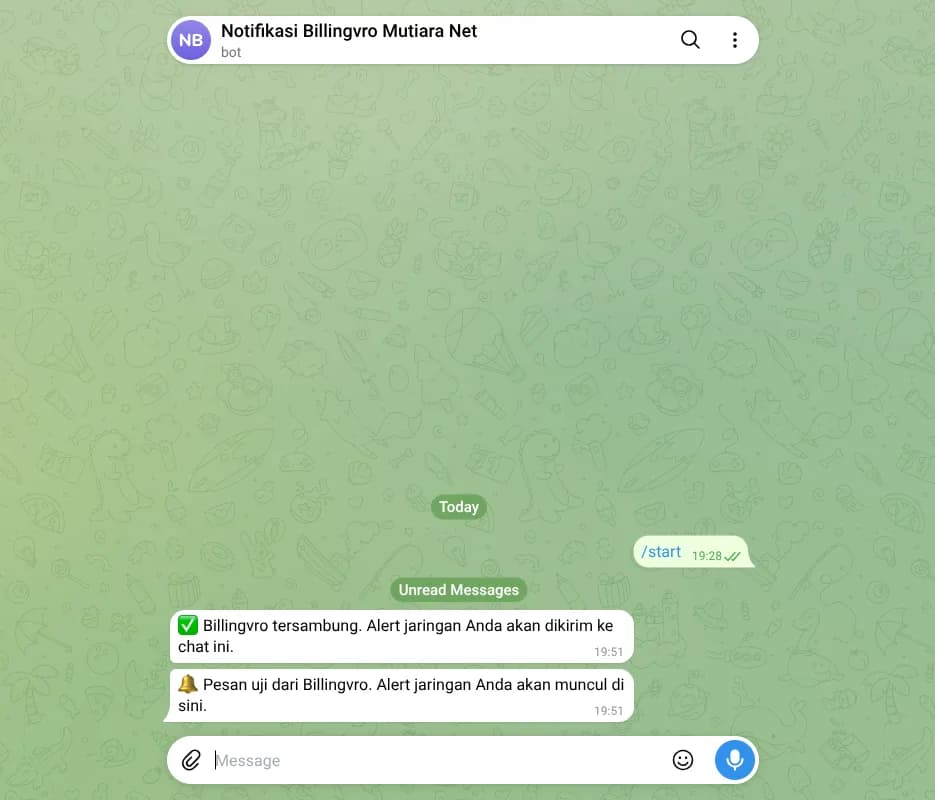 Chat pribadi dengan bot menerima pesan Billingvro