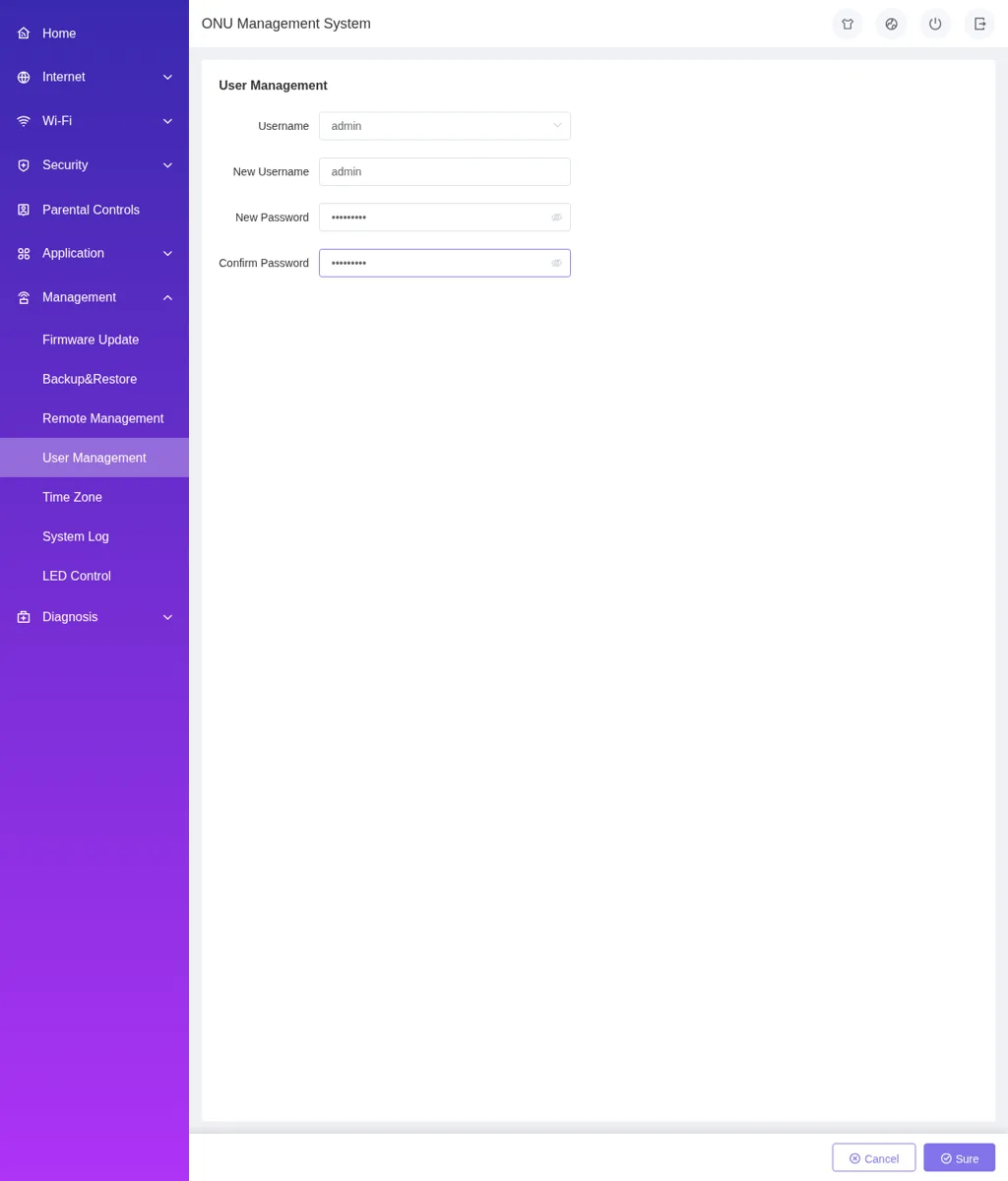 User Management CDATA: Username, New Username, New Password, Confirm Password