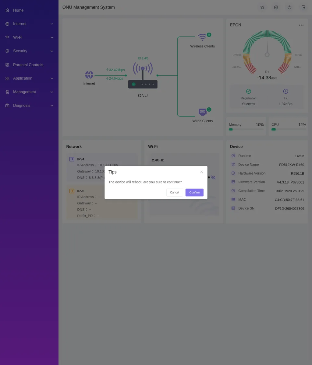 Konfirmasi restart CDATA: The device will reboot, are you sure to continue?