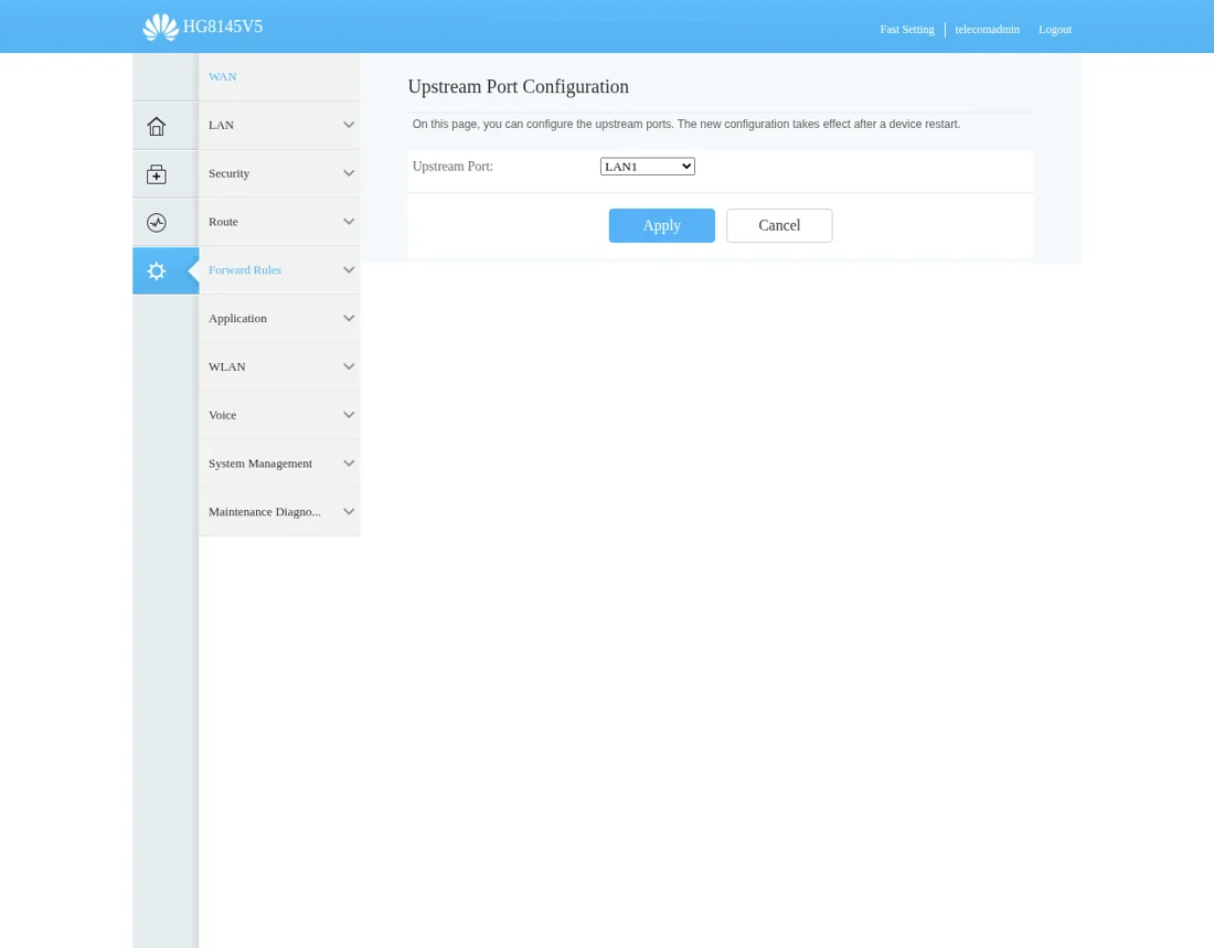 Upstream Port Configuration HG8145V5: Upstream Port LAN1