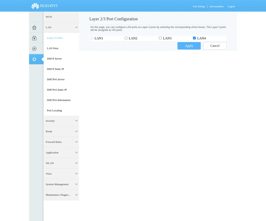 Layer 2/3 Port Configuration HG8145V5: hanya LAN4 dicentang