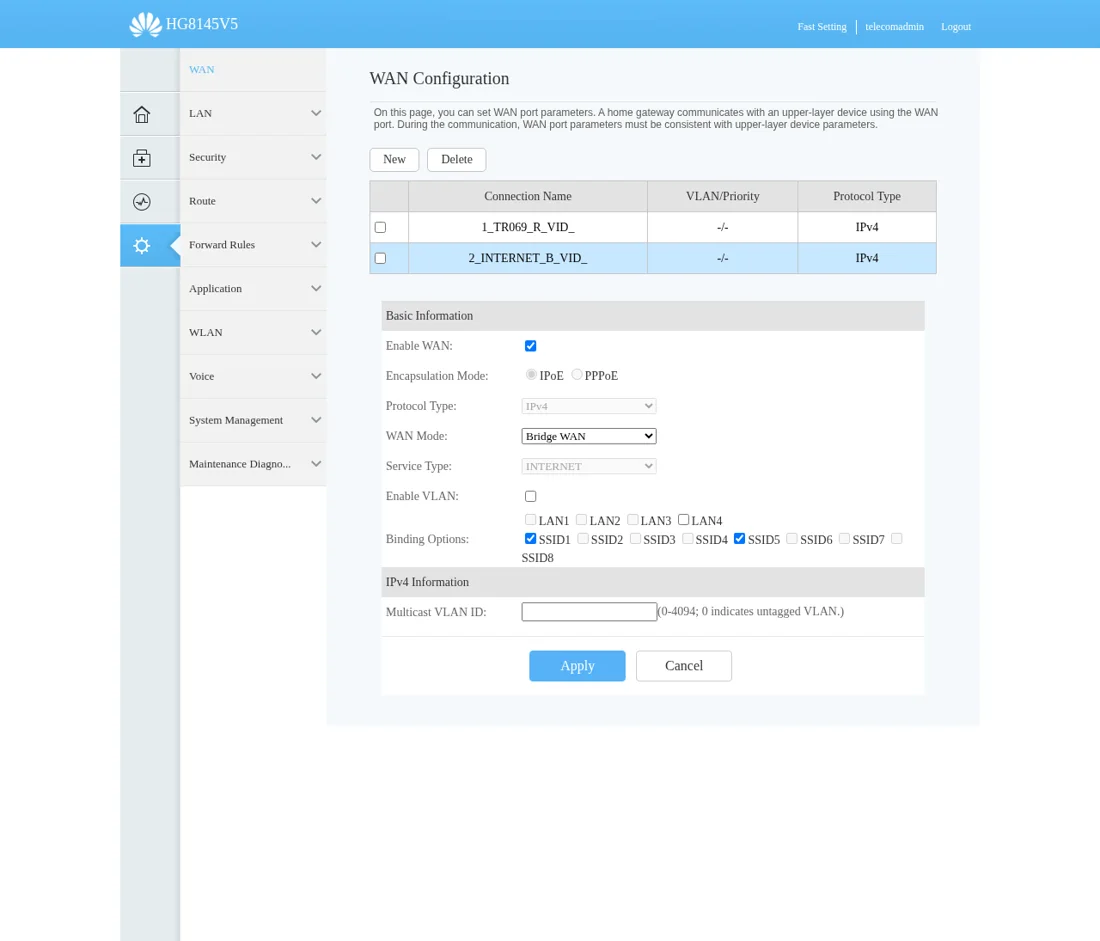 WAN hotspot HG8145V5: Bridge WAN, Service Type INTERNET, binding SSID1 dan SSID5