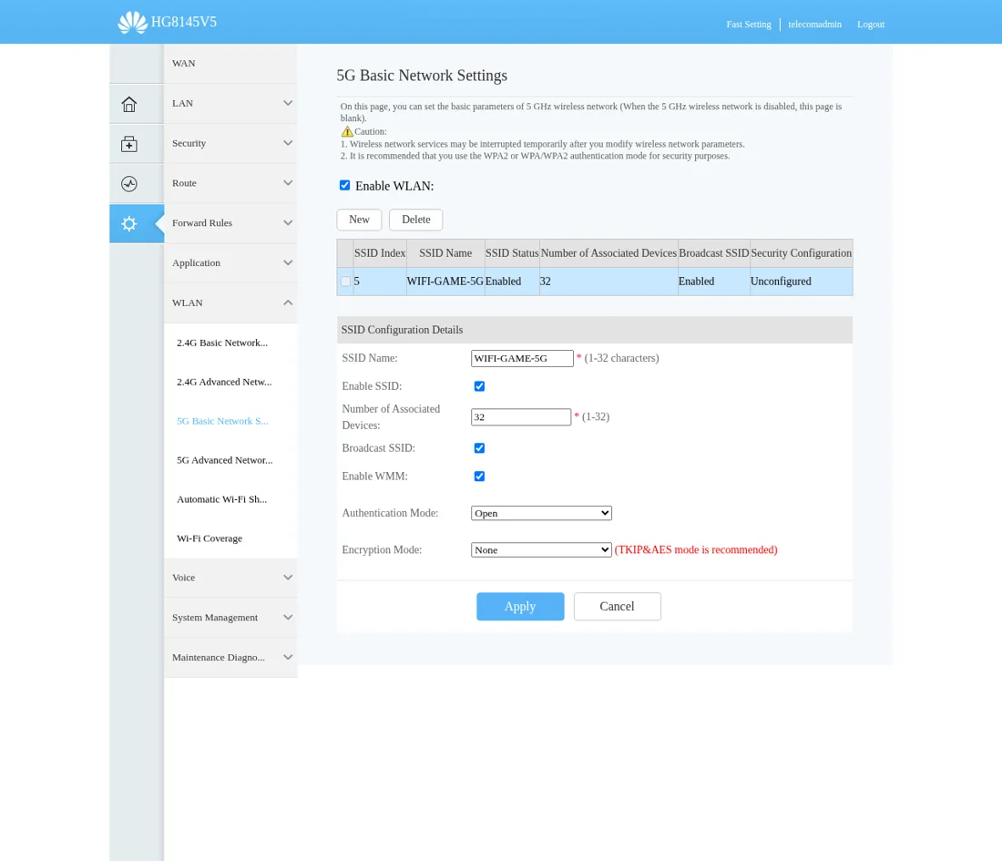 5G Basic Network Settings HG8145V5: SSID WIFI-GAME-5G, Authentication Open