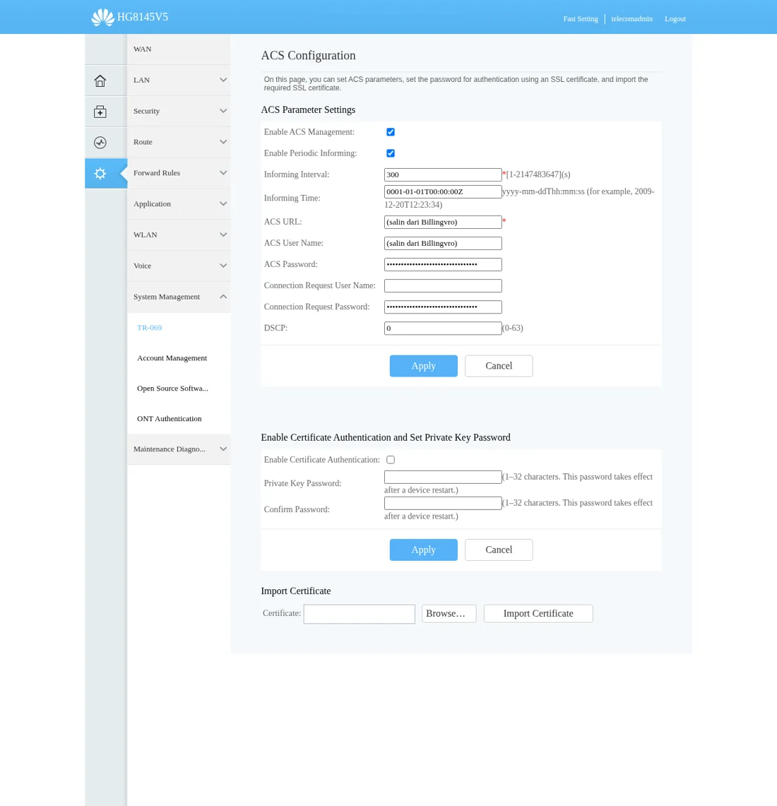 ACS Configuration HG8145V5: ACS URL, User Name, Password disalin dari Billingvro, interval 300