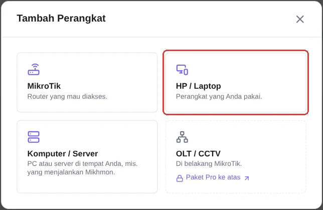 Pop-up Tambah Perangkat — pilih kartu HP / Laptop