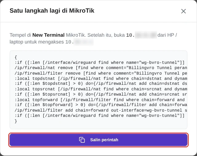 Pop-up Satu langkah lagi di MikroTik berisi perintah dan tombol Salin perintah