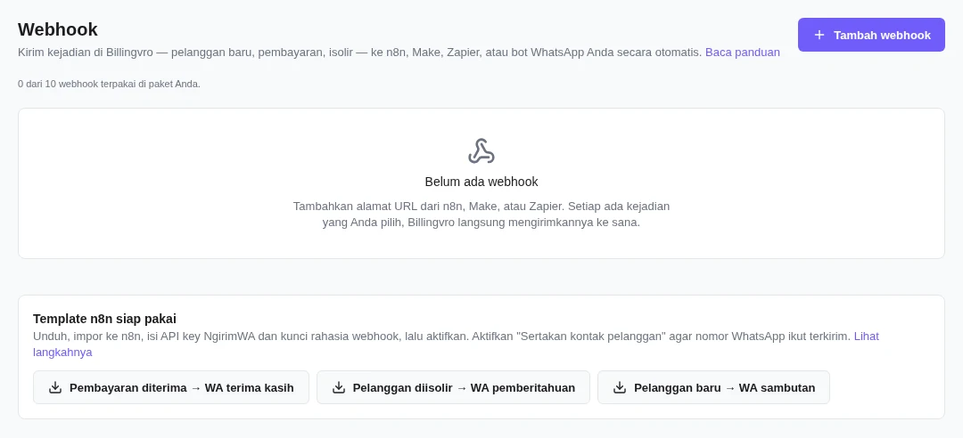 Halaman Webhook sebelum ada webhook, dengan tombol Tambah webhook