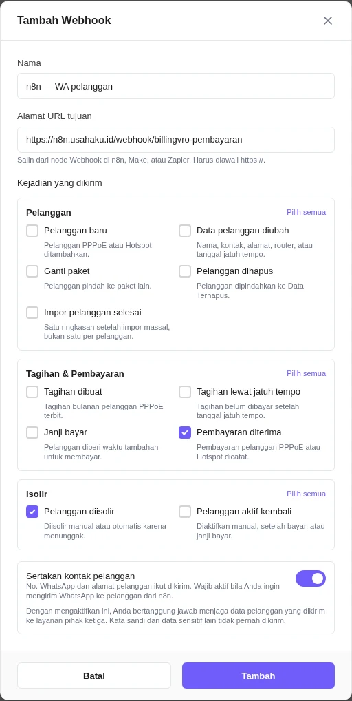 Jendela Tambah Webhook: nama, alamat URL, pilihan kejadian per kelompok, dan sakelar kontak pelanggan