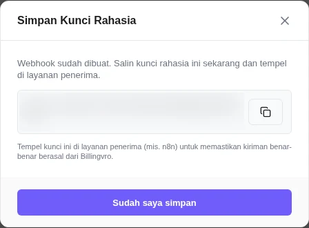 Jendela Simpan Kunci Rahasia dengan tombol salin