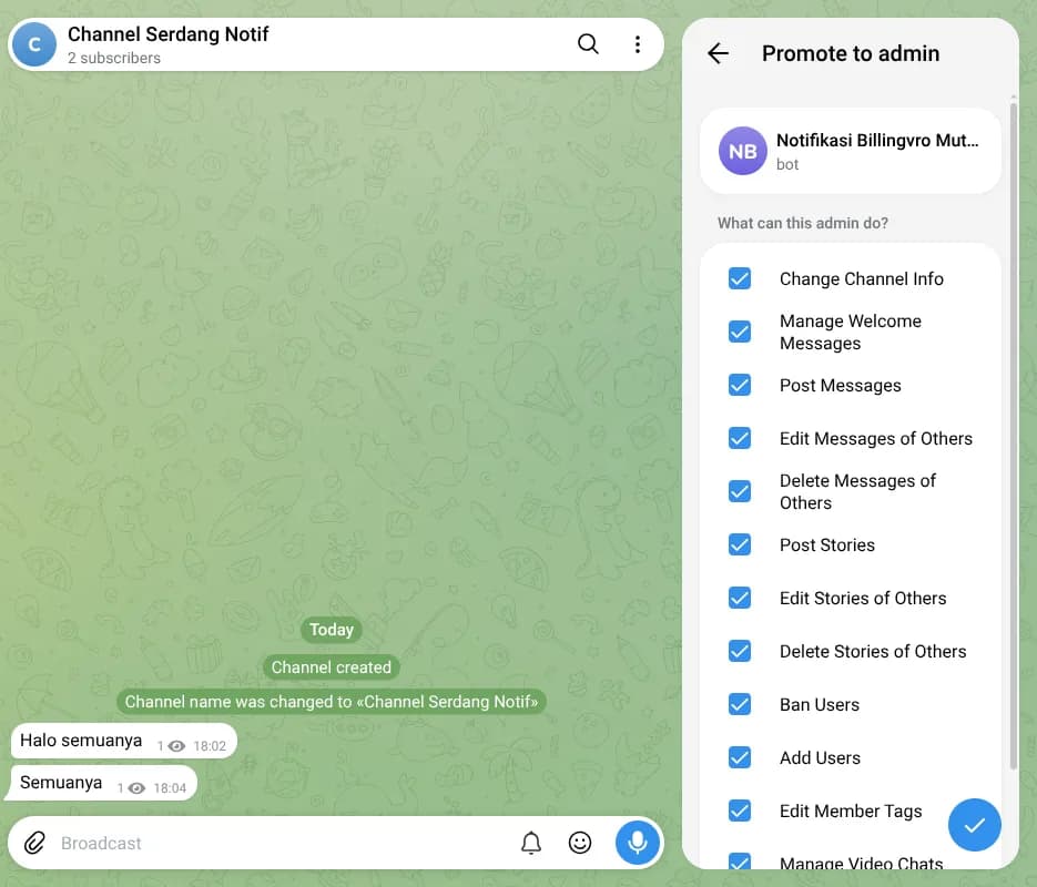 Menjadikan bot admin channel Telegram dengan izin Post Messages