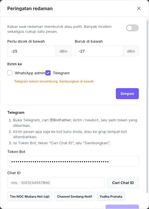 Dialog Peringatan redaman: Token Bot diisi, Cari Chat ID menampilkan grup, channel, dan chat pribadi