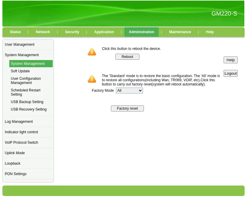 System Management GM220-S: Factory Mode All dan tombol Factory reset