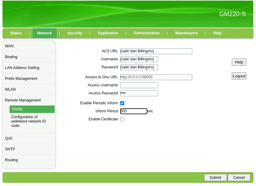 Halaman TR069 GM220-S: ACS URL, Username, Password disalin dari Billingvro, Inform Period 300