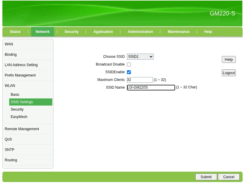 SSID Settings GM220-S: SSID1 dengan nama WiFi pelanggan