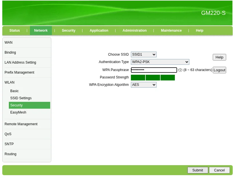 Security GM220-S: SSID1 WPA2-PSK dengan AES