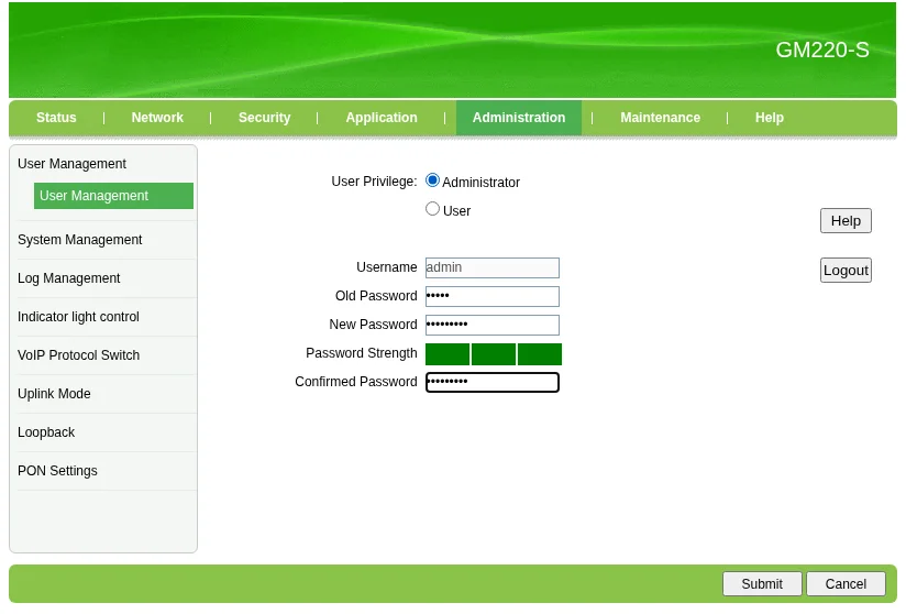 User Management GM220-S: Administrator, Old Password, New Password, Confirmed Password
