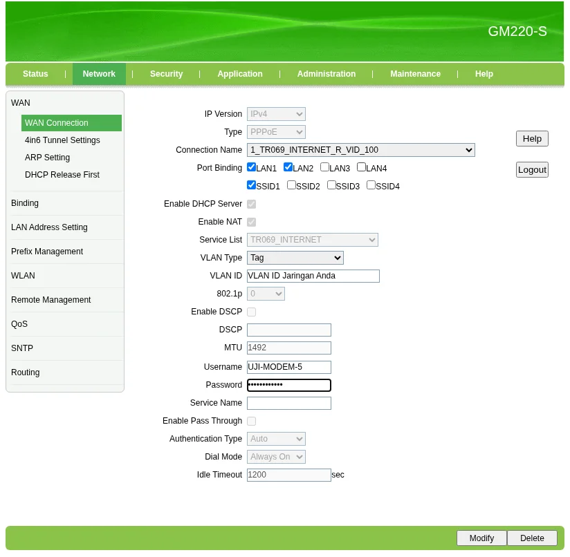 WAN PPPoE GM220-S skenario B: Port Binding LAN1, LAN2, SSID1