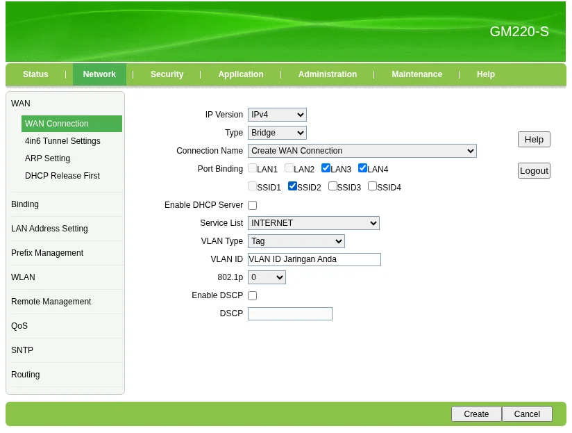 WAN Bridge hotspot GM220-S: Type Bridge, VLAN Type Tag, VLAN ID Jaringan Anda, Port Binding LAN3, LAN4, SSID2