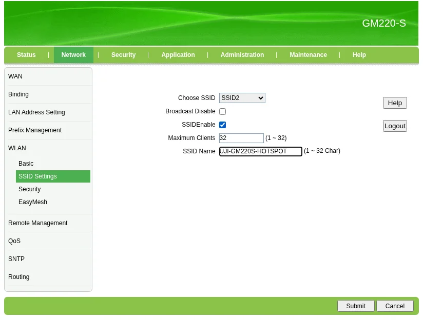 SSID Settings GM220-S: SSID2 diaktifkan dengan nama WiFi hotspot