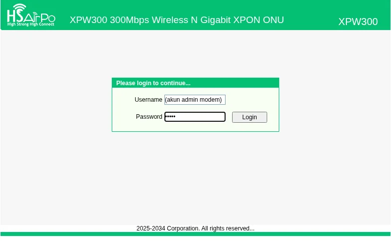 Halaman login web modem hsairpo XPW300