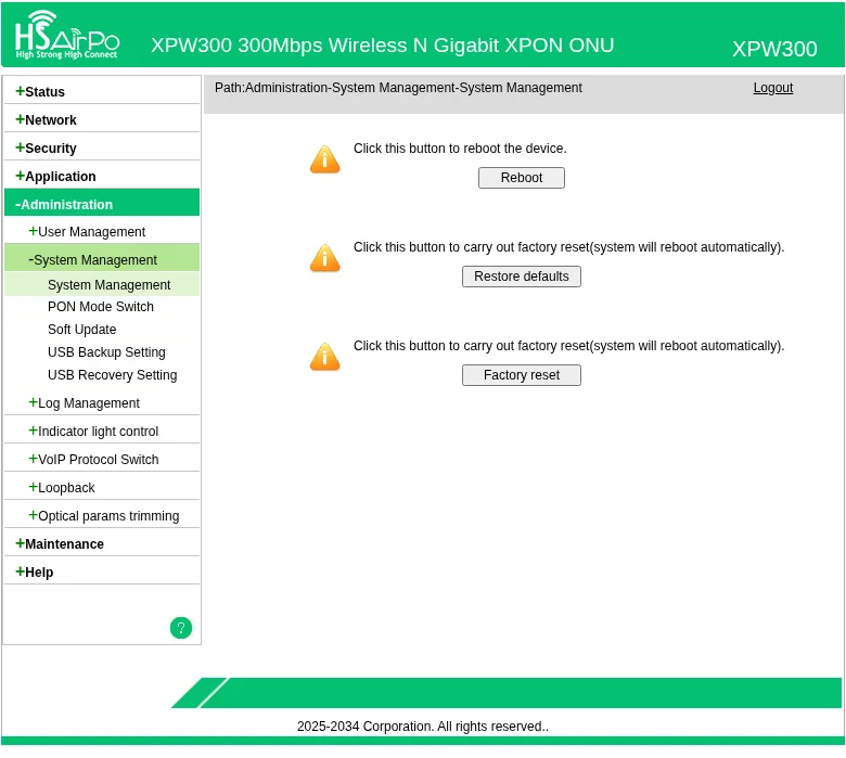 Administration System Management hsairpo: tombol Reboot, Restore defaults, dan Factory reset