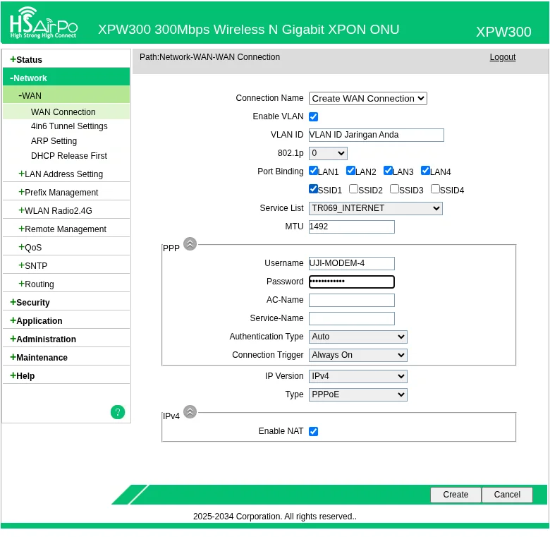 WAN PPPoE hsairpo: VLAN ID Jaringan Anda, Port Binding LAN1 sampai LAN4 dan SSID1, Service List TR069_INTERNET