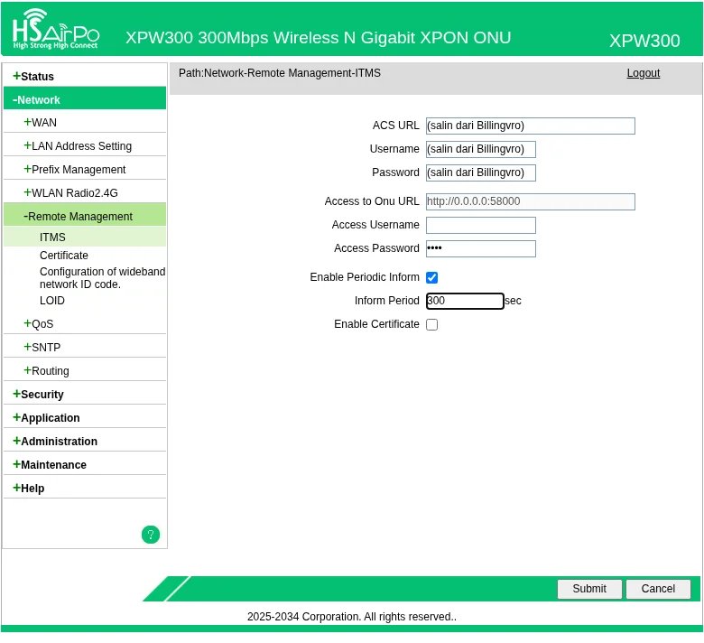 Halaman ITMS hsairpo: ACS URL, Username, Password disalin dari Billingvro, Inform Period 300