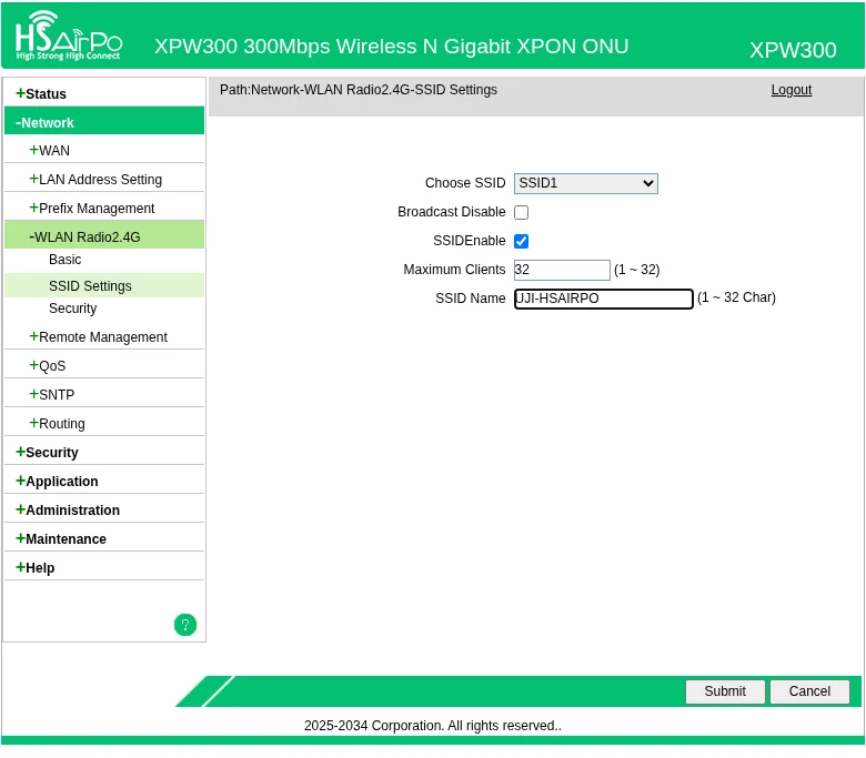 SSID Settings hsairpo: SSID1 dengan nama WiFi pelanggan