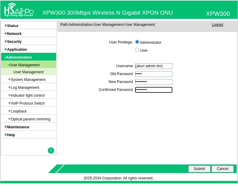 User Management hsairpo: Administrator dengan Username, Old Password, New Password, Confirmed Password