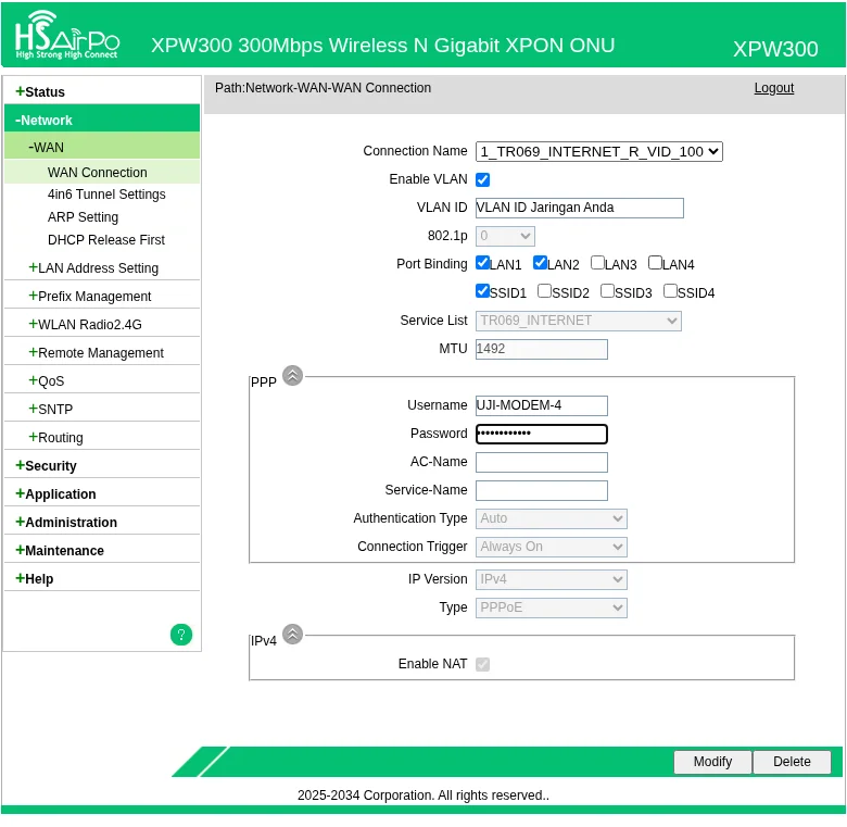 WAN PPPoE hsairpo skenario B: Port Binding LAN1, LAN2, dan SSID1