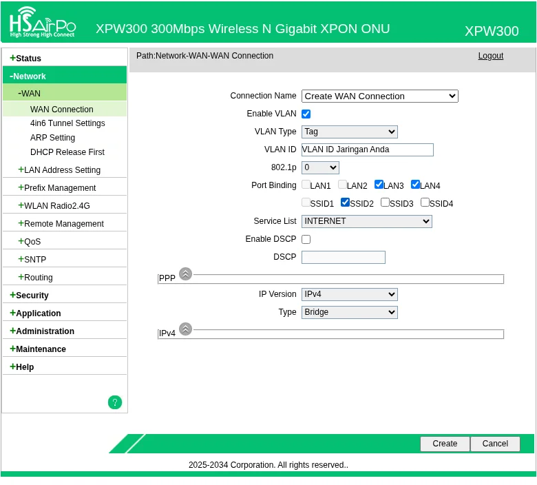 WAN Bridge hotspot hsairpo: VLAN ID Jaringan Anda, Port Binding LAN3, LAN4, SSID2, Type Bridge