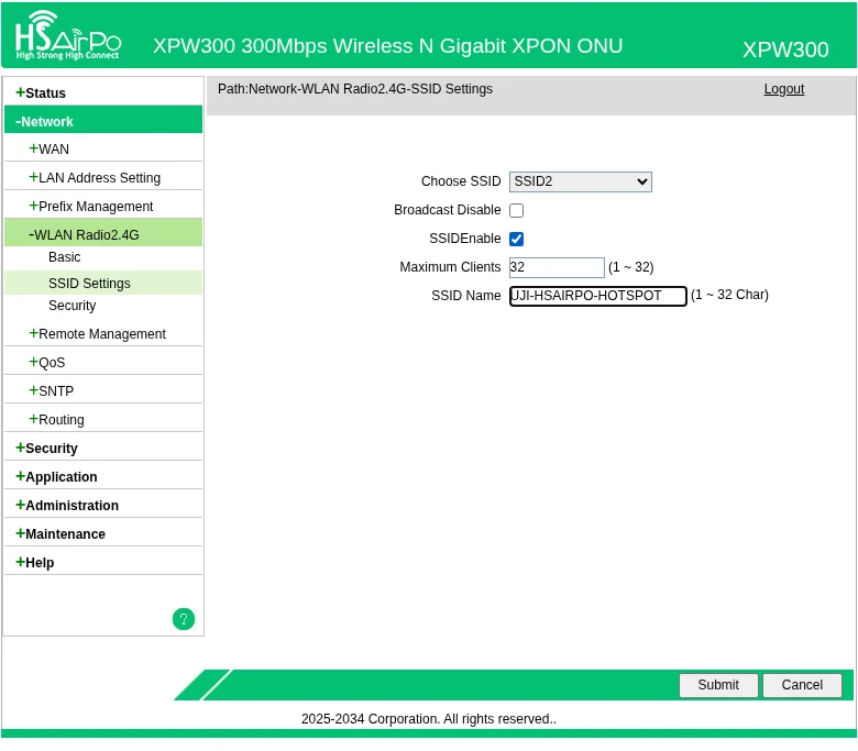 SSID Settings hsairpo: SSID2 diaktifkan dengan nama WiFi hotspot