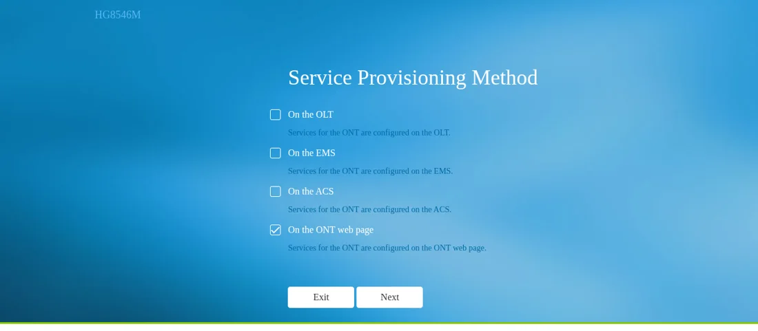 Halaman Service Provisioning Method Huawei setelah reset pabrik