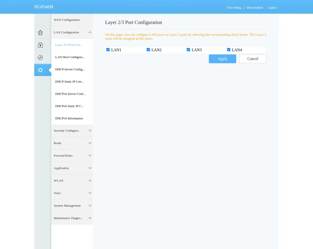 Layer 2/3 Port Configuration Huawei: LAN1 sampai LAN4 dicentang